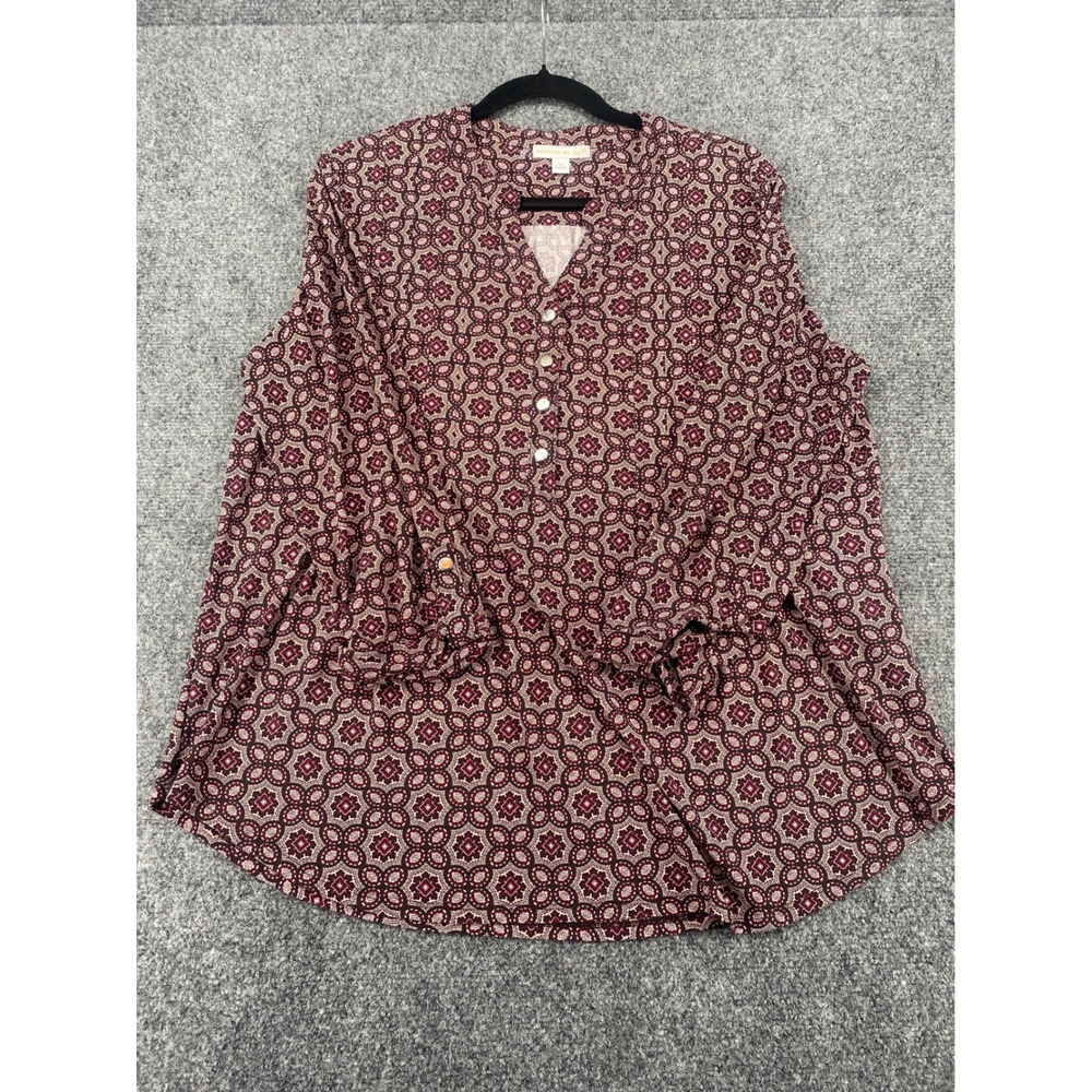 Westport 1962 Blouse XL Burgundy Medallion Print V-Neck Roll Tab Sleeve Casual